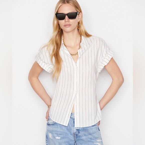 FRAME DENIM Ruched Body Button Down Rolled Sleeve Blouse White - Picture 1 of 4